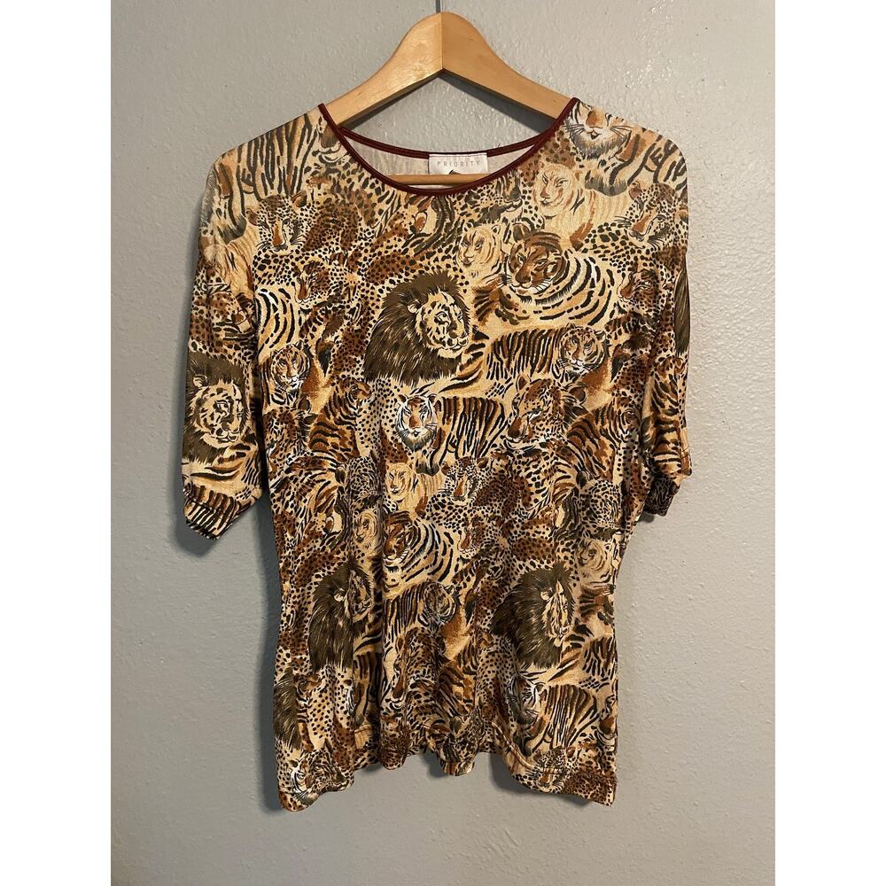 Vintage Top Womens Large Animal Print Lion Tiger Cheetah Slinky Mob Wife 90s